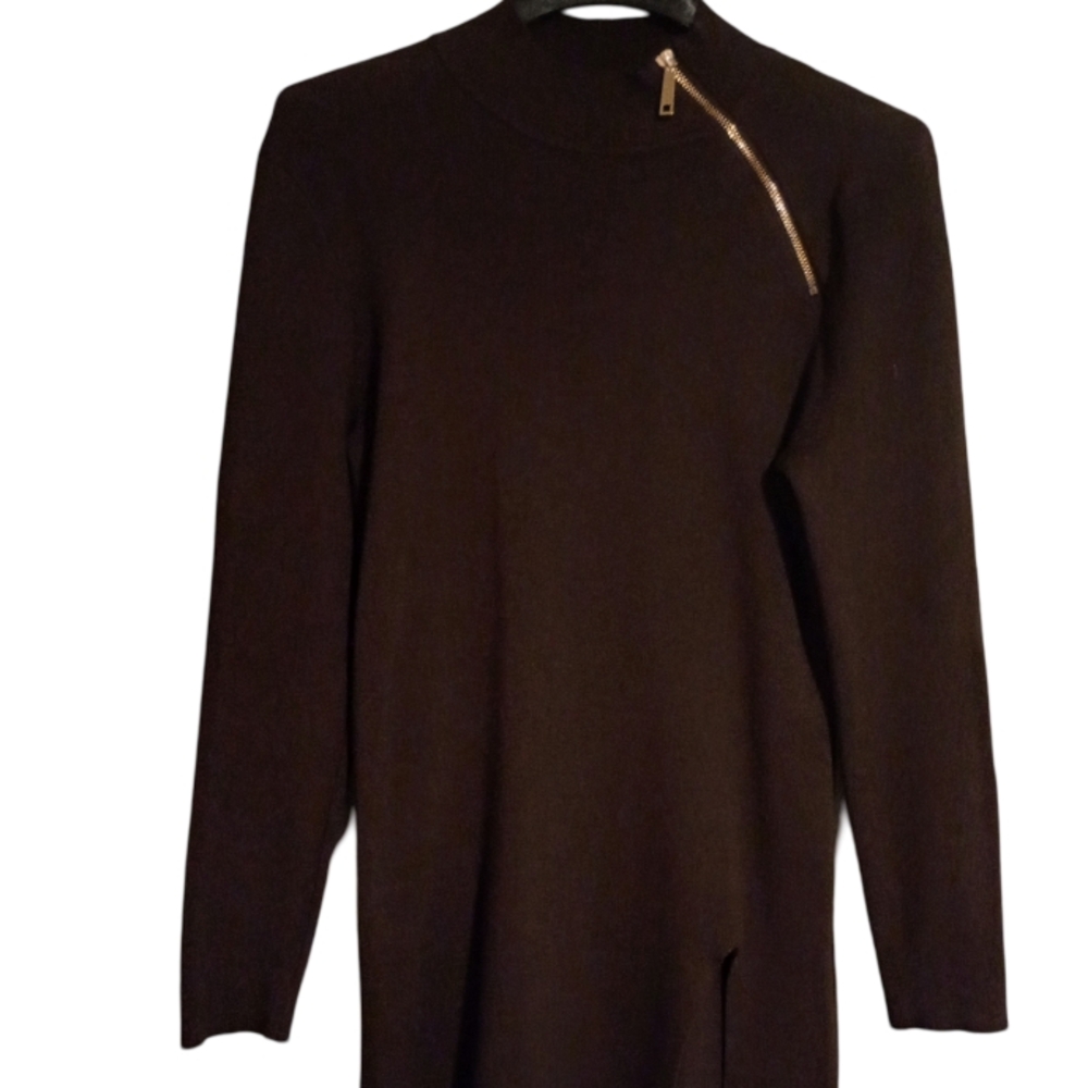 Women's Brown Sweater Dress with Zipper and Split Detail